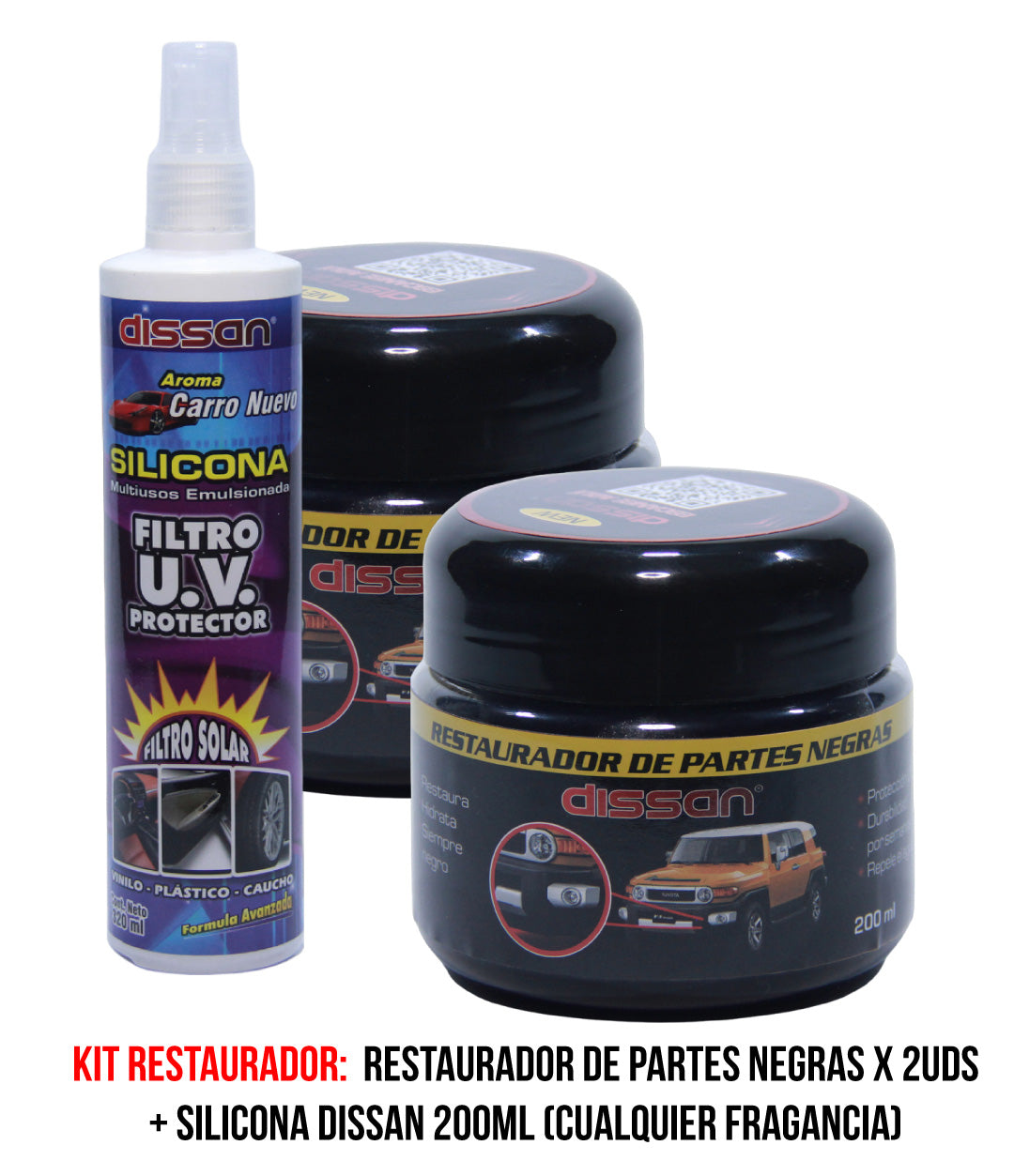 Kit : 2 Restaurador de partes negras + Silicona Emulsionada 200ml "Carro Nuevo"
