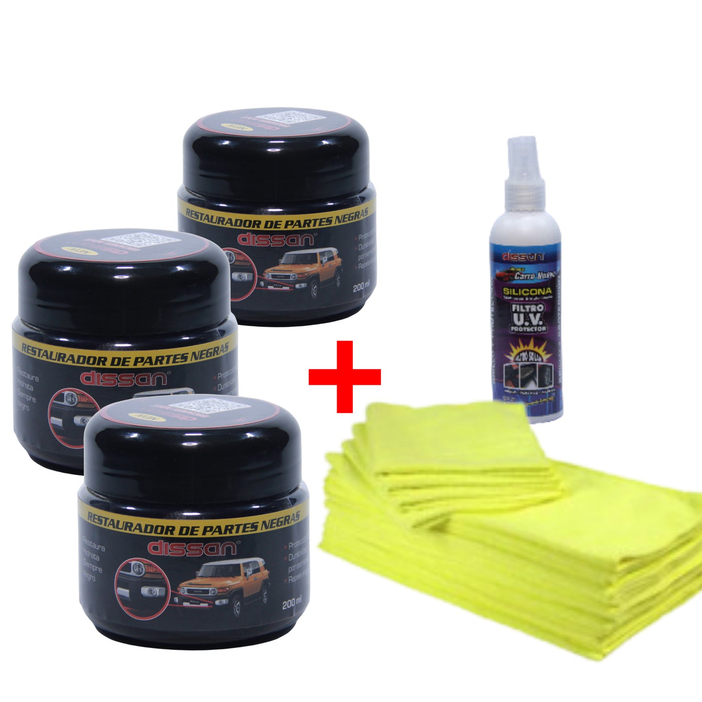 Kit: 3 Restaurador de partes negras + Silicona 200ml + Toalla de microfibra IMP.